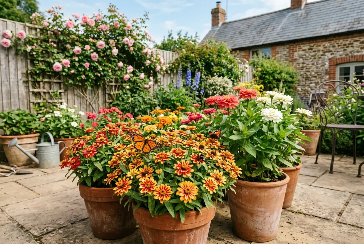 Zinnia varieties growing in terracotta containers on a sunny UK patio with butterflies visiting the blooms