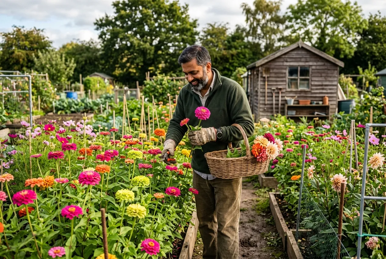 Zinnias growing in rows in a UK allotment cutting garden with a gardener cutting stems into a basket