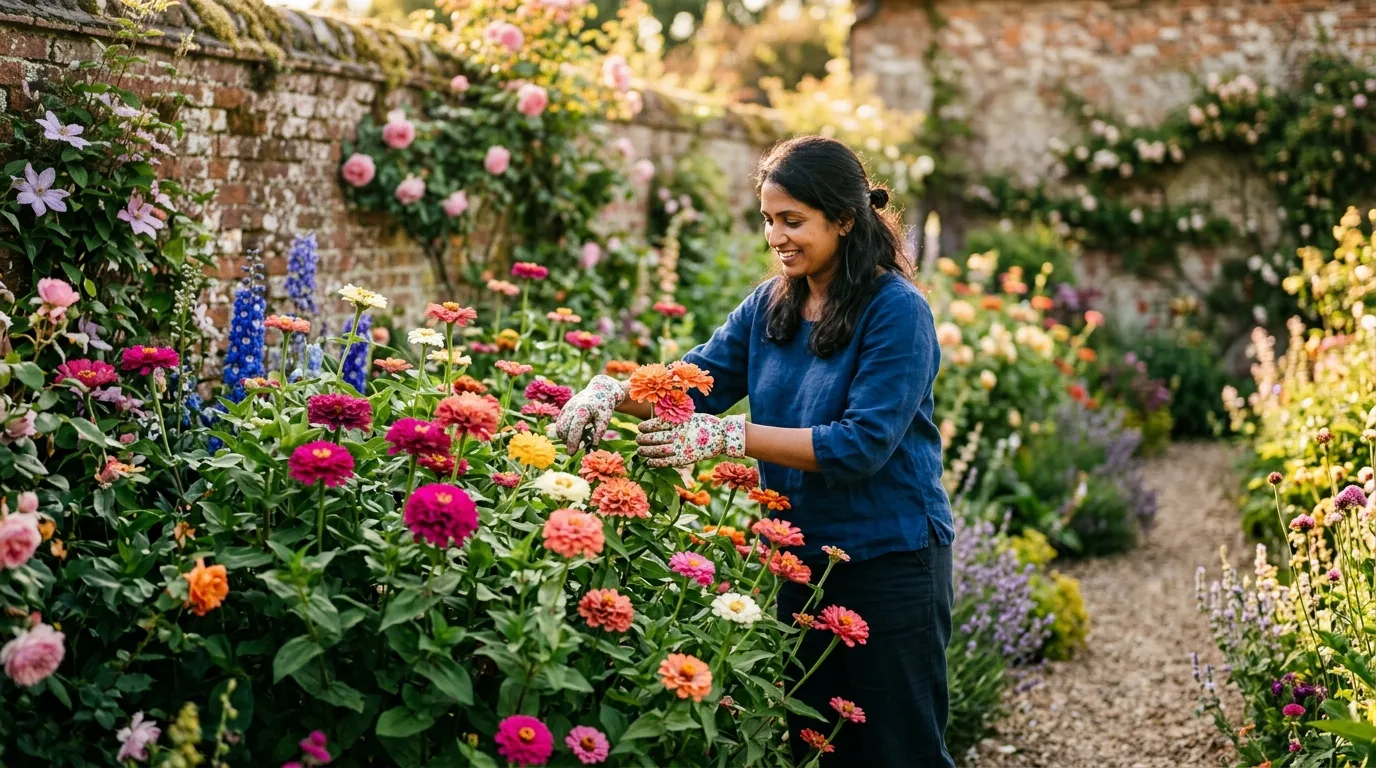 Vibrant zinnias growing in a sunny UK cottage garden border with magenta, coral, orange and white blooms