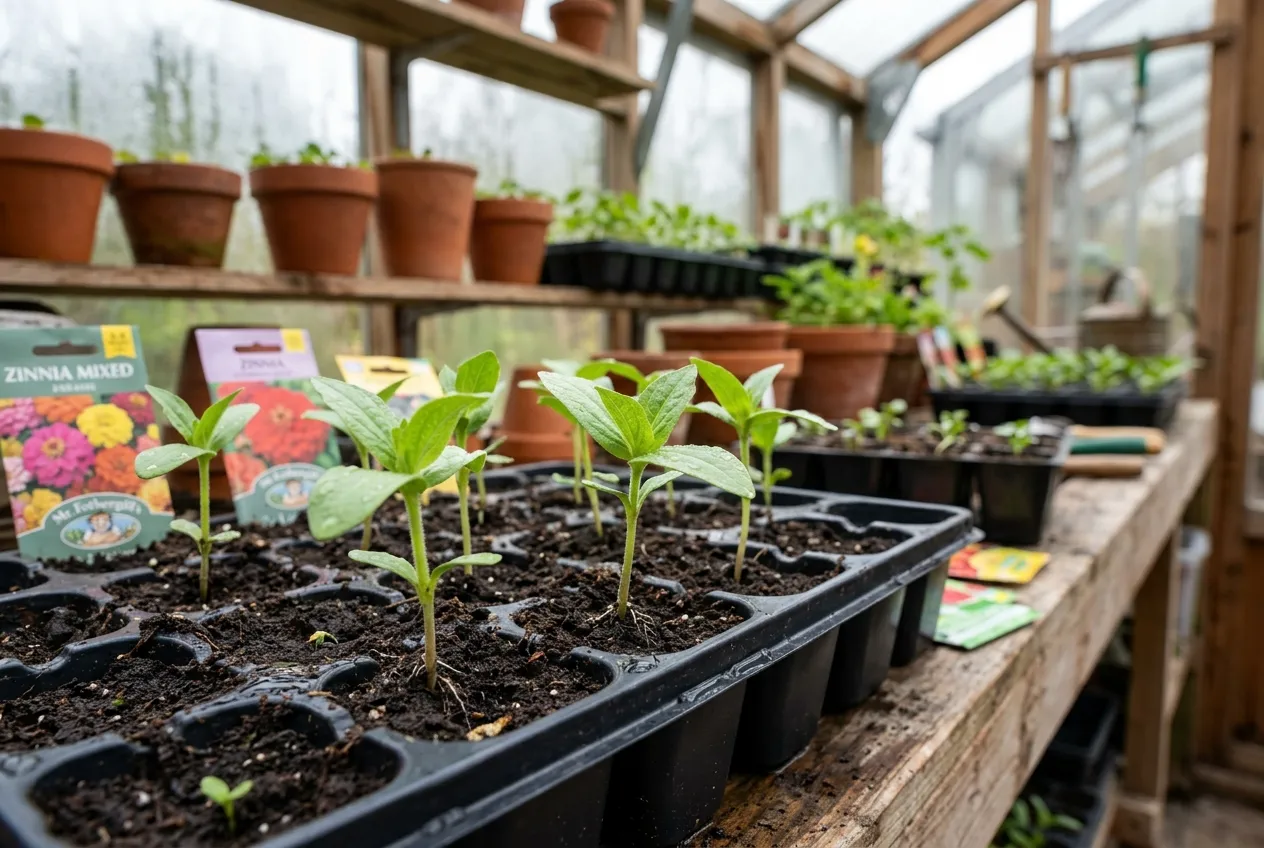 Zinnia seedlings growing in module trays on a greenhouse potting bench with first true leaves emerging