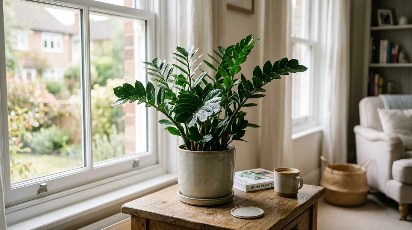 Healthy ZZ plant with glossy dark green leaves in a ceramic pot in a bright UK home