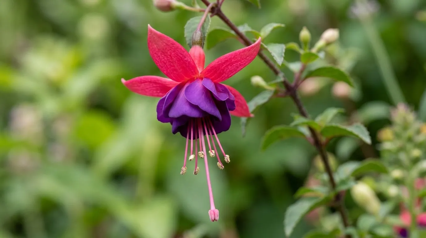 Close-up of a hardy fuchsia flower in a Devon border showing the flared sepals, inner corolla petals and the long central style