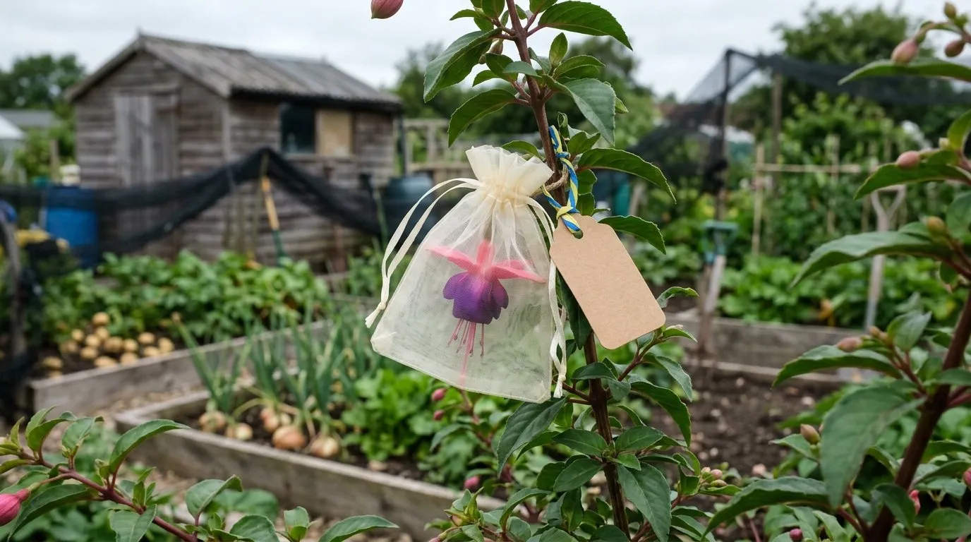 A pollinated fuchsia flower enclosed in a small organza bag with a handwritten label, on the plant in a Lancashire allotment