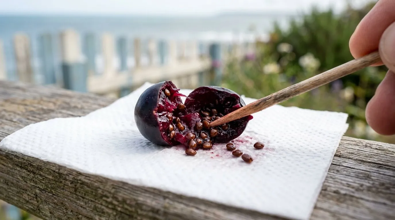 A ripe deep-purple fuchsia berry split open on kitchen paper to show small hard brown seeds, macro, seaside garden bench