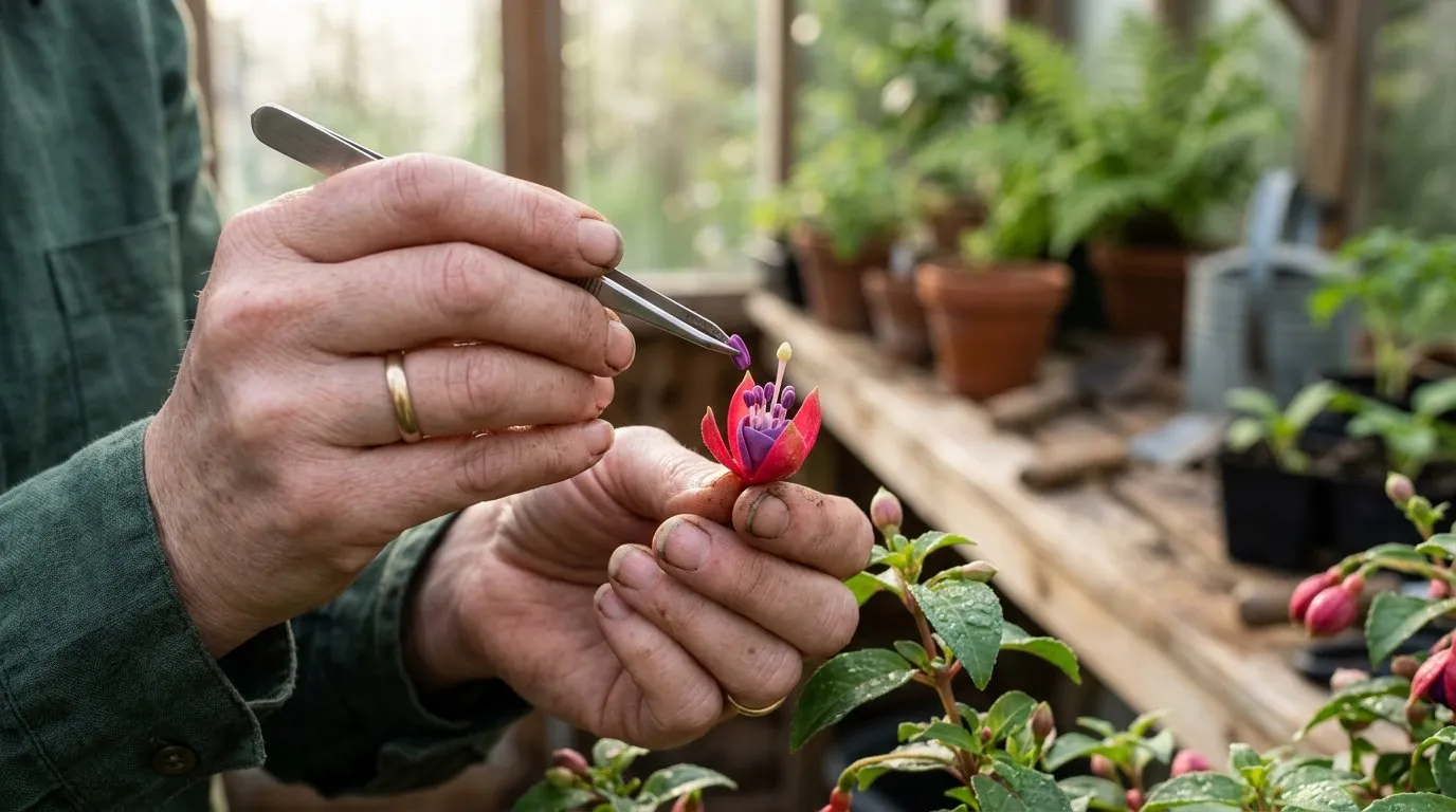 Macro shot of fine tweezers removing an anther from a part-open fuchsia bud, dew on the petals, suburban greenhouse setting