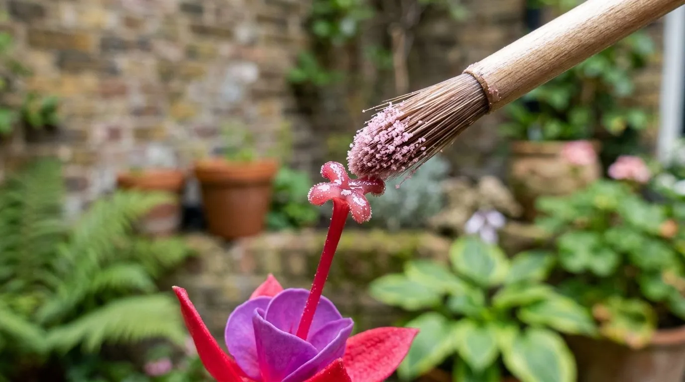 Macro shot of a fine soft brush dusting pollen onto the four-lobed stigma of a fuchsia flower in a city courtyard garden