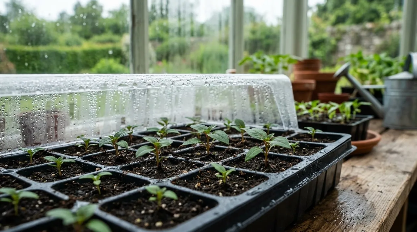 Fuchsia seedlings pricked out into a module tray under a propagator lid on a bright bench, condensation on the cover