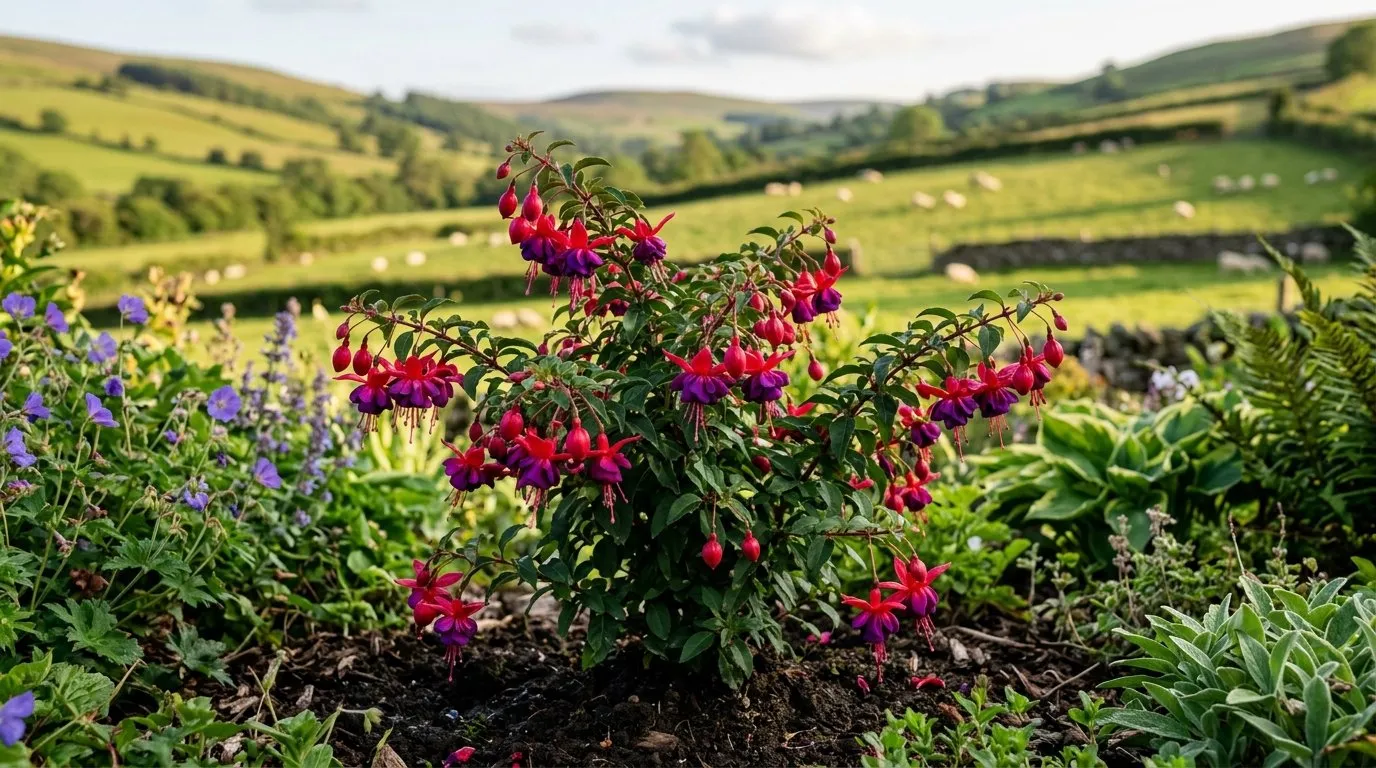 A single selected new hardy fuchsia seedling in full flower in a mixed border, Welsh valley garden with hills behind