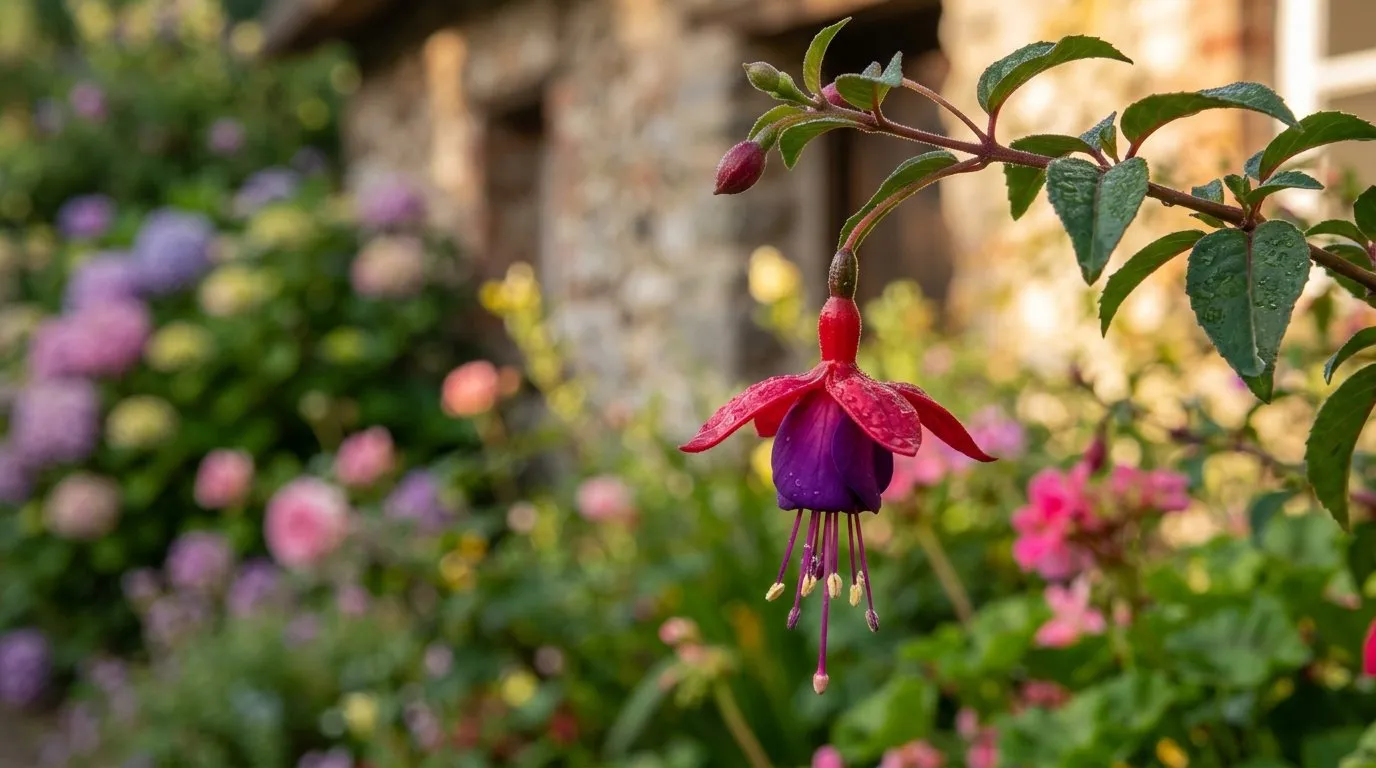 A hardy fuchsia in full flower in a Devon border, the bloom open to show sepals, corolla and the long central style