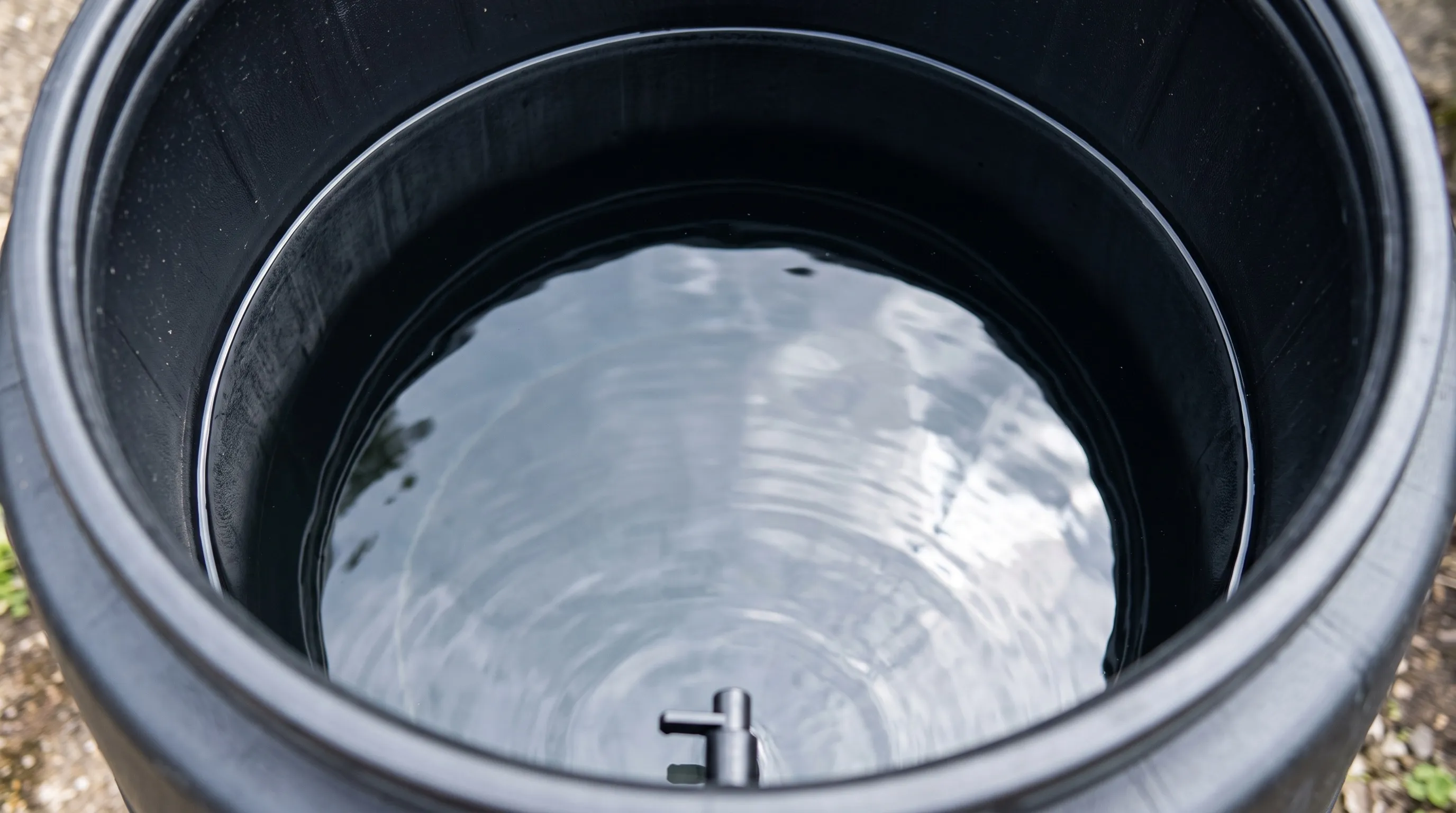 Open water butt with the lid removed showing clear clean rainwater inside with no algae