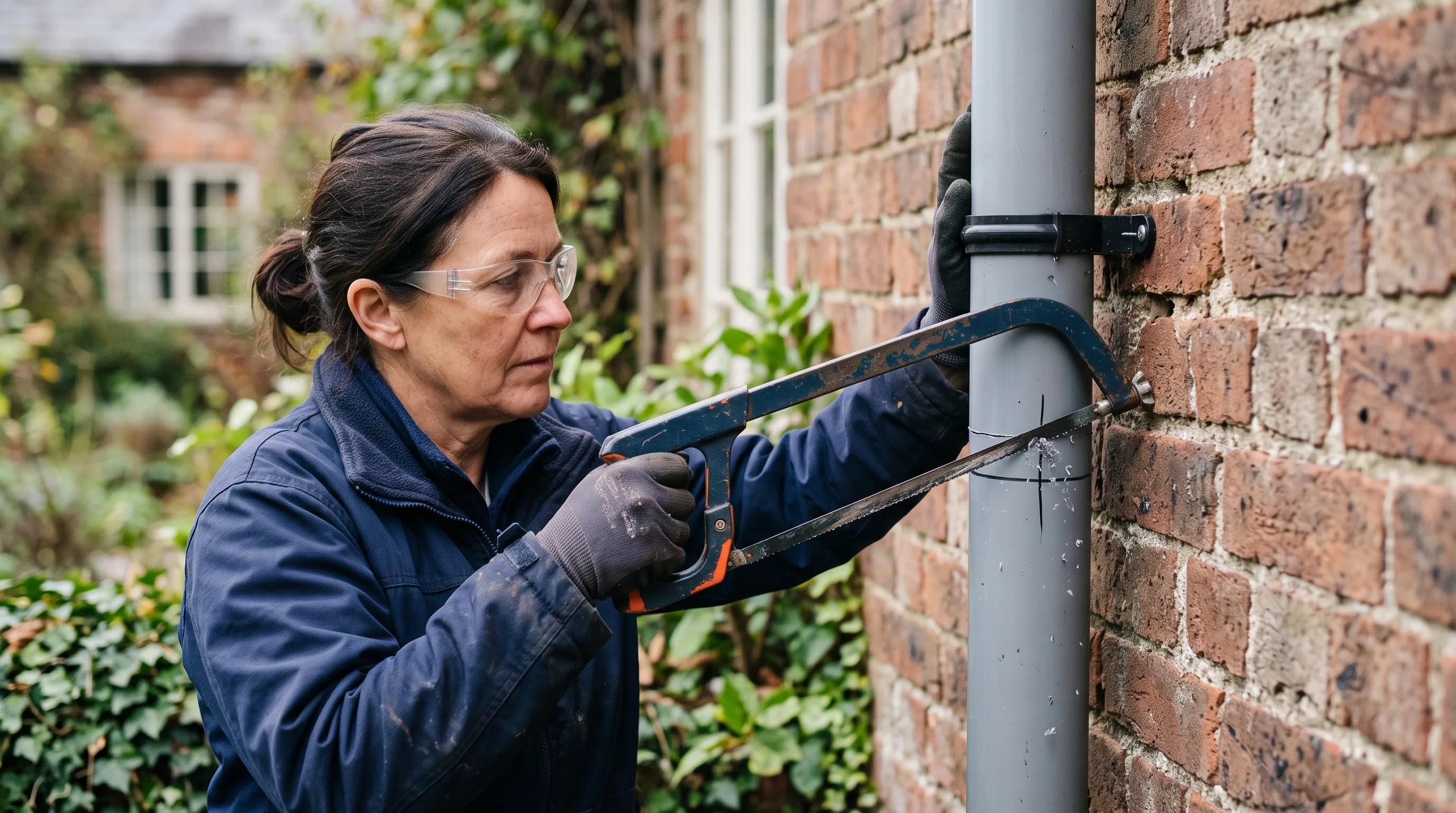 Gardener using a hacksaw to cut through a grey plastic rainwater downpipe on a brick wall