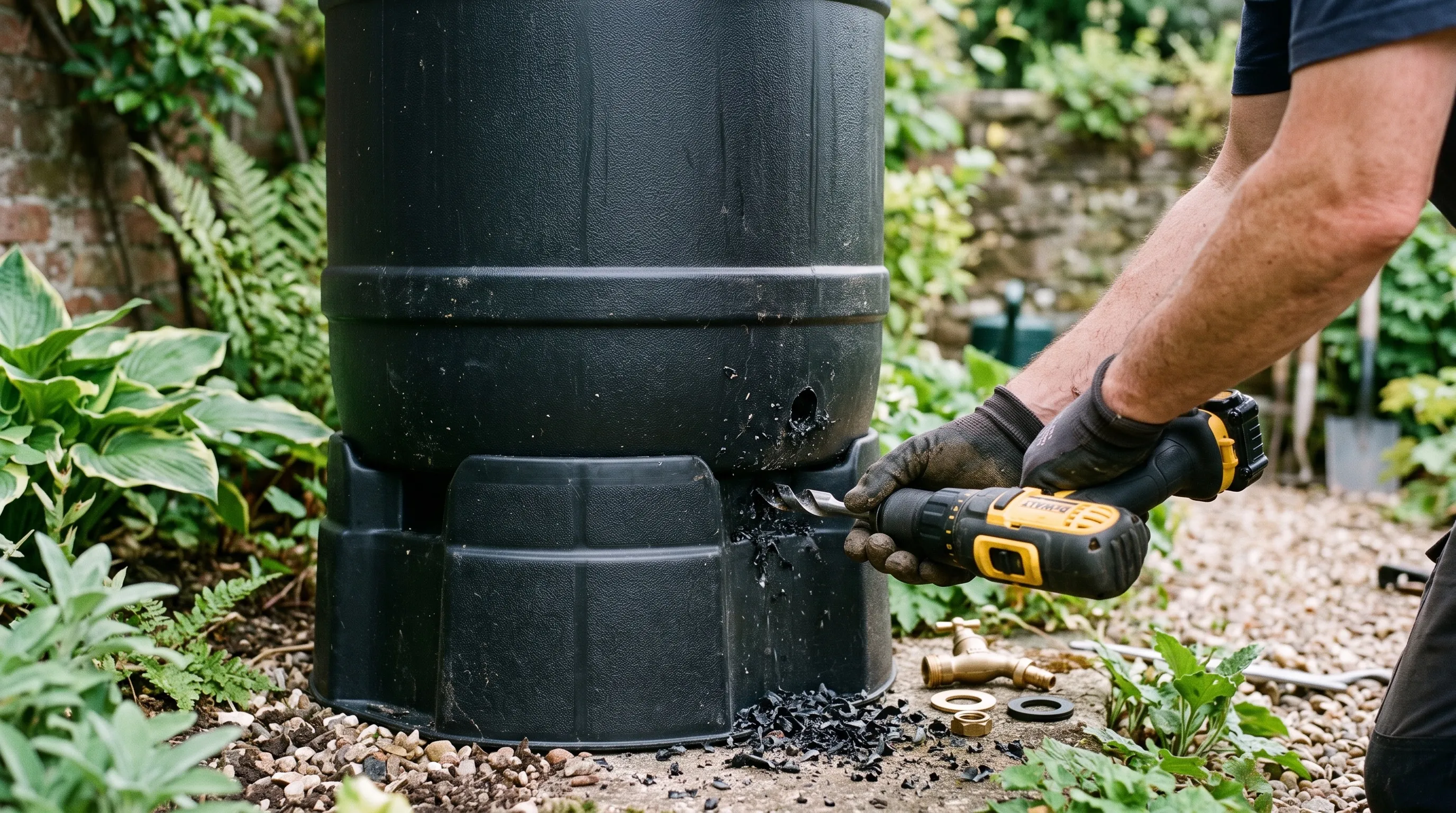 Fitting a brass tap low on the front of a black plastic water butt with a cordless drill nearby