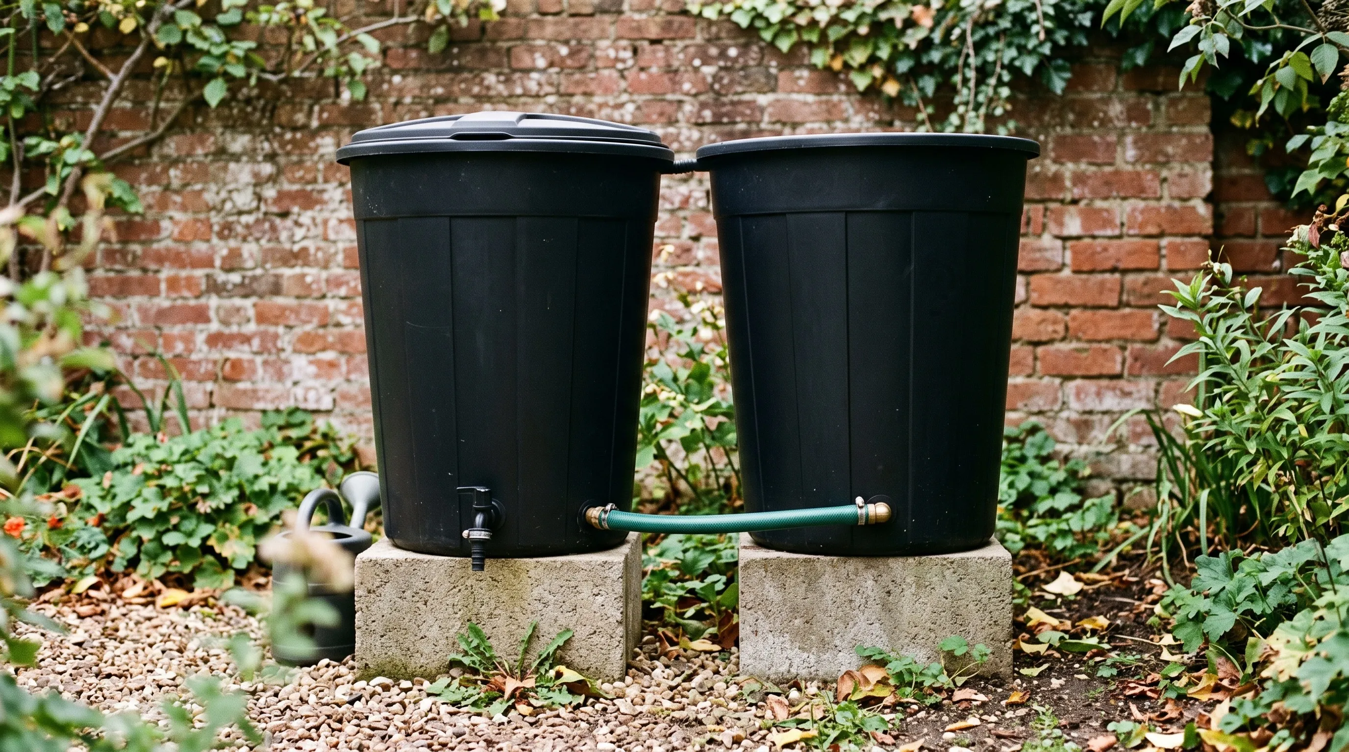 Two black water butts linked with a connector hose near the base standing on plinths by a brick wall