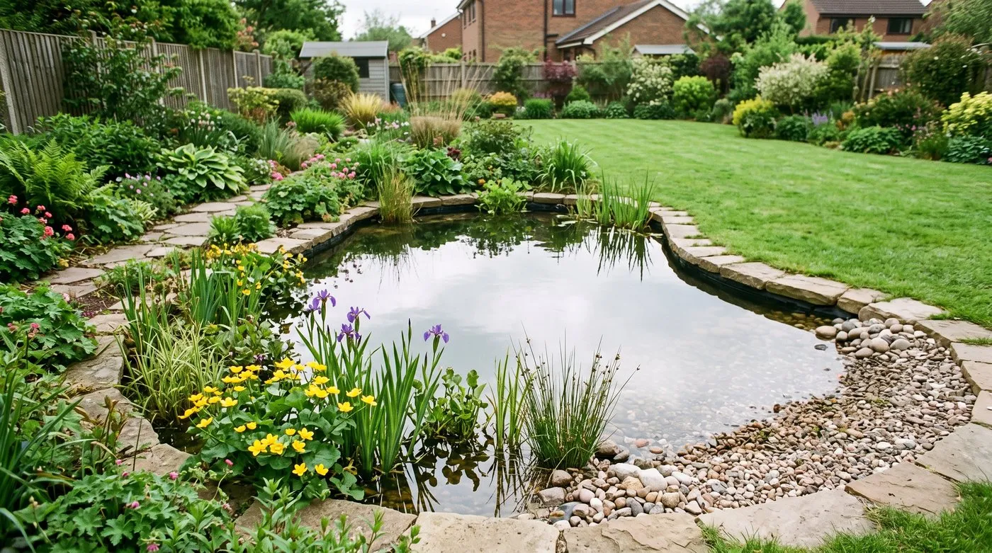 Finished EPDM-lined wildlife pond with planted marginal shelf and a pebble beach in a UK garden