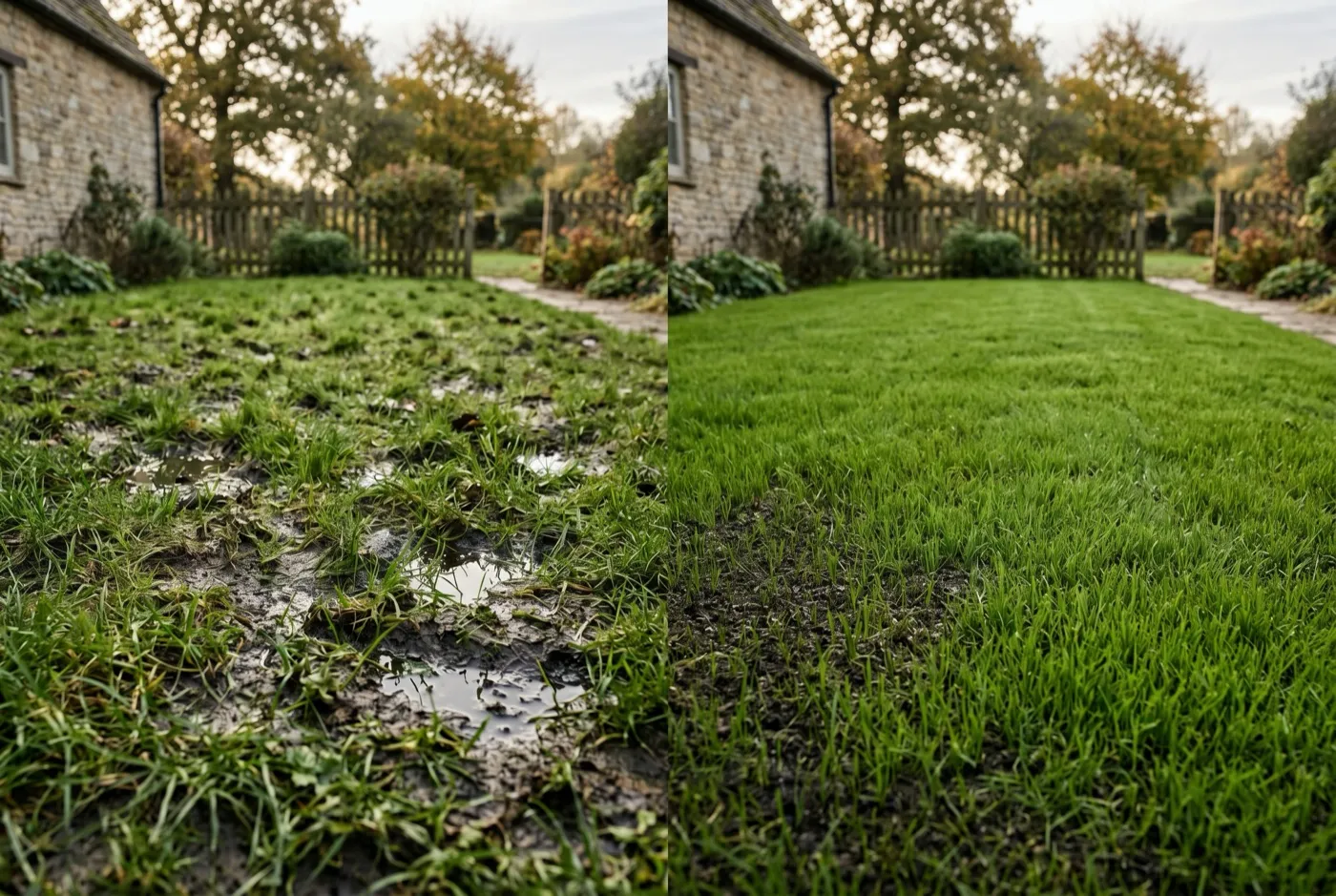 Side-by-side comparison of a bumpy uneven lawn surface against a flat level lawn after top-dressing