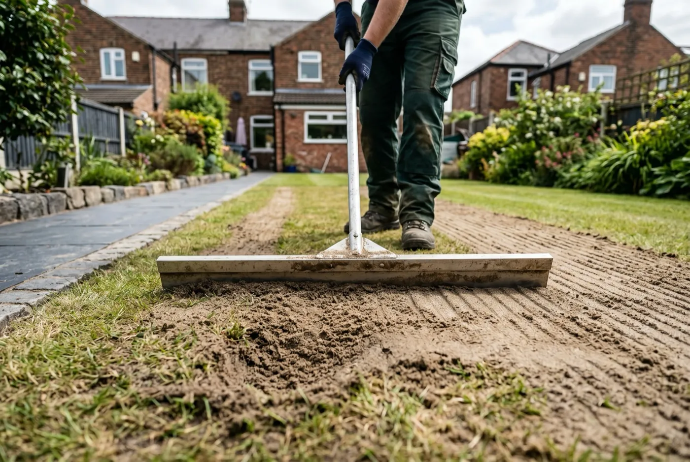 A wide flat levelling lute dragging sandy top-dressing across a lawn to spread it evenly into hollows