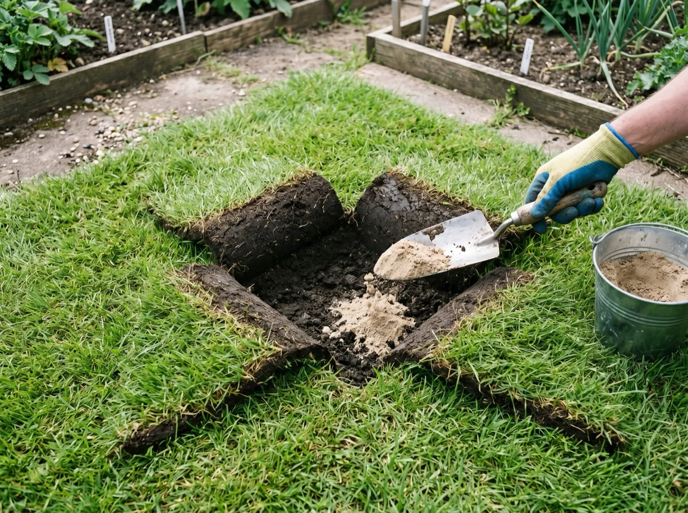 Cross-section view of lawn turf peeled back in a cross shape with sandy soil being added underneath to raise a hollow