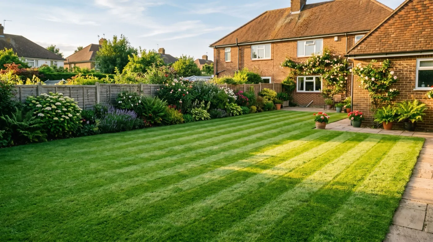 A healthy level UK back-garden lawn with neat mowing stripes after seasonal top-dressing, suburban setting