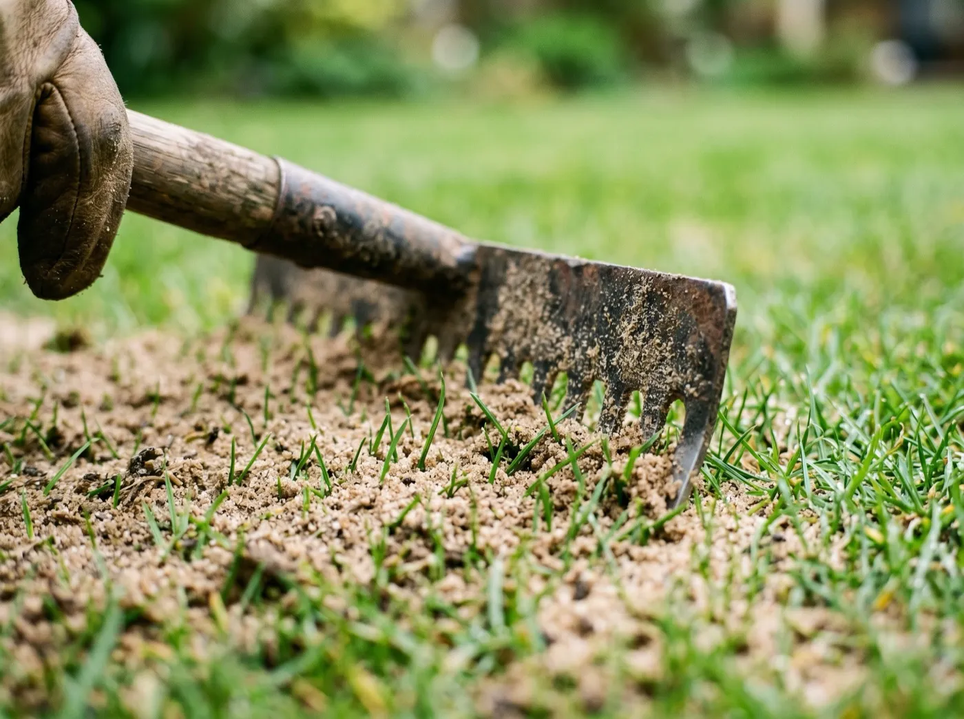 Close-up of sandy lawn top-dressing being brushed into the grass with a stiff broom, tips showing through