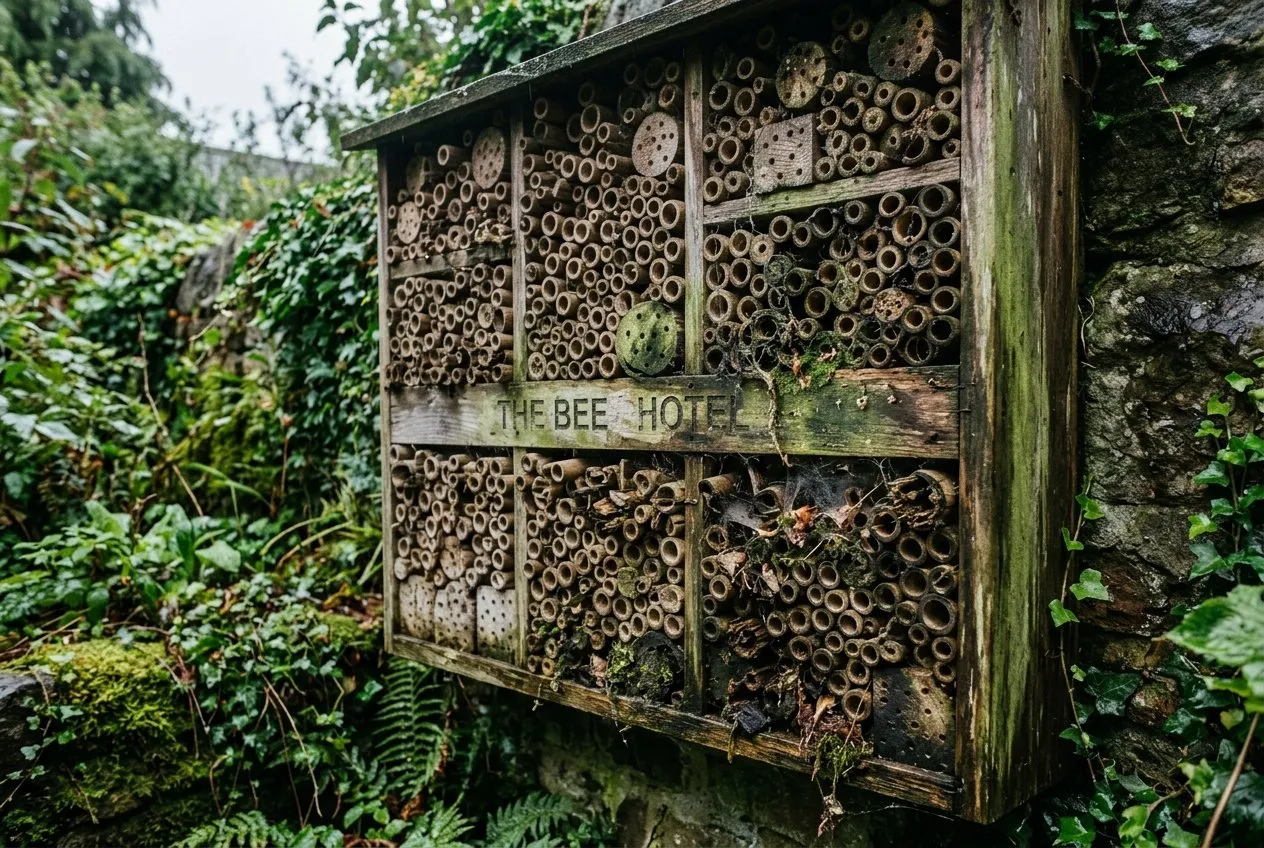 A poorly-made oversized commercial bee hotel wall with hundreds of densely packed tubes, mould and debris visible, mounted in a shaded UK garden corner as an example of what to avoid