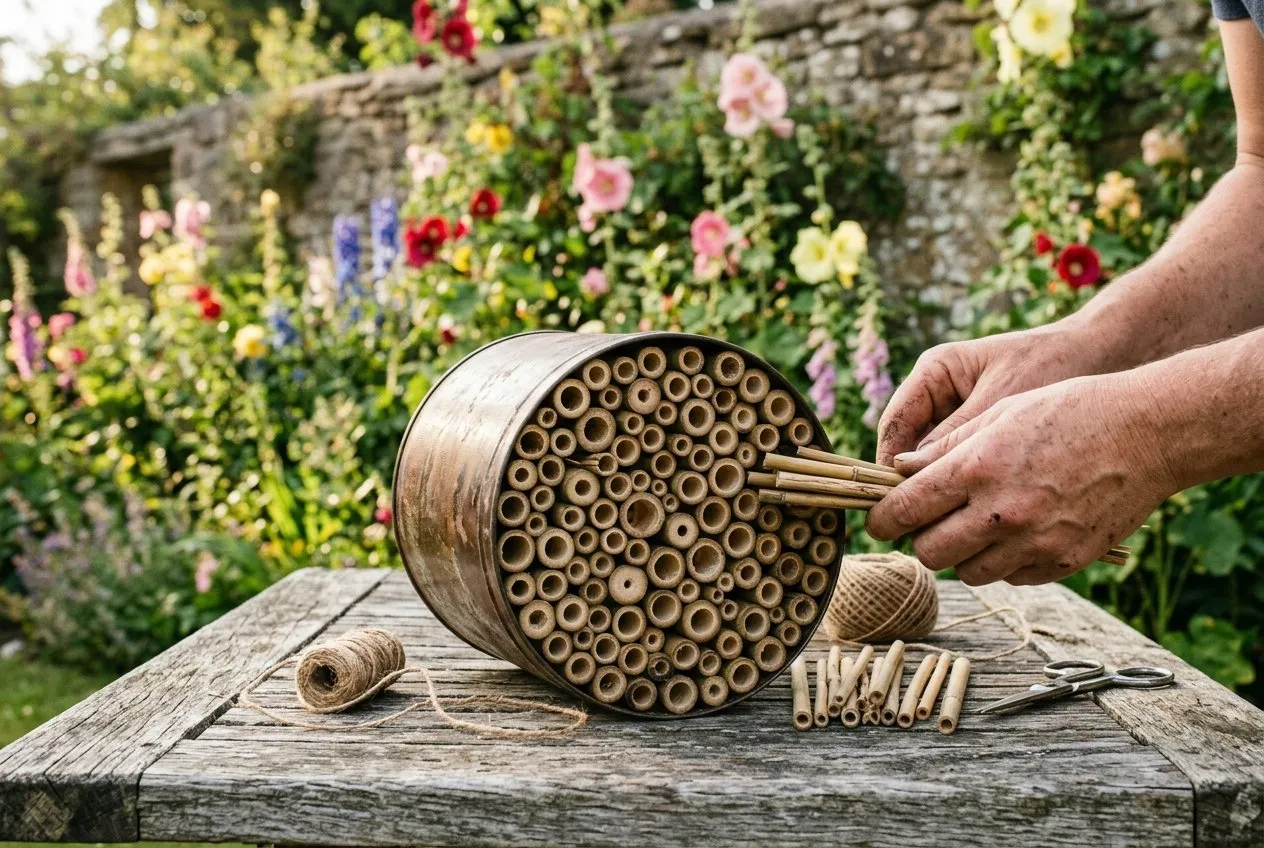 A bundle of bamboo and reed tubes being packed into a tin to make a bee house, cut ends facing out, on a wooden table in a UK cottage garden setting