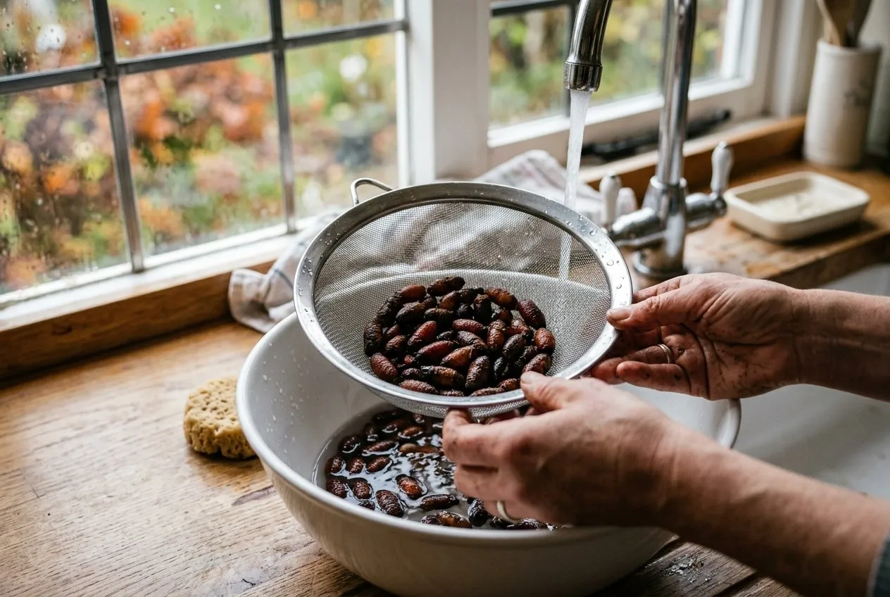 Cleaning harvested mason bee cocoons in autumn, small dark cocoons being rinsed in a sieve over a bowl on a kitchen worktop in a UK home, soft natural window light