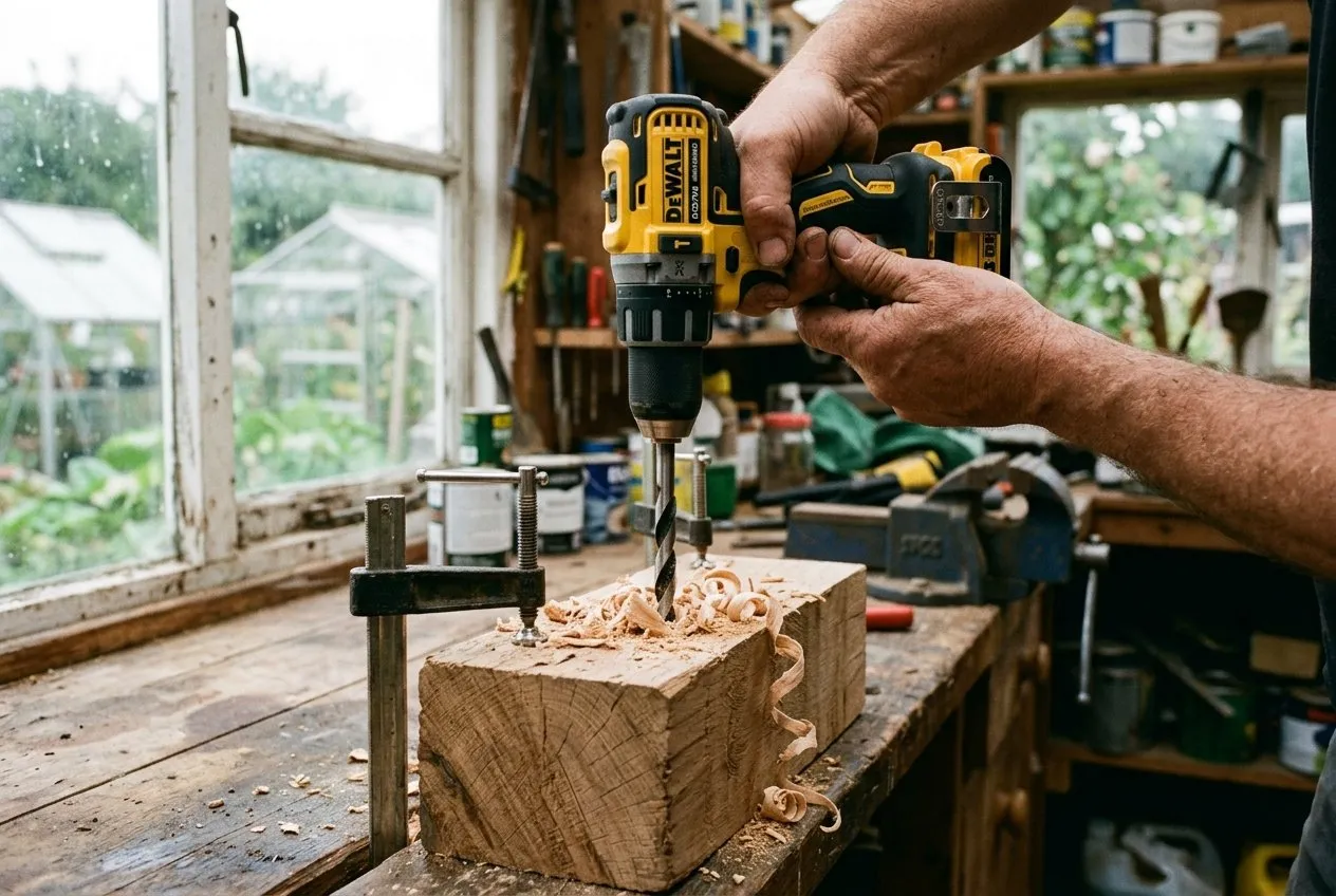 Drilling 8mm holes into an untreated hardwood block clamped on a workbench in a UK allotment shed, wood shavings and a cordless drill, focused on the bit entering the timber