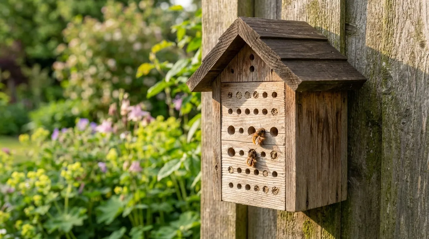 A well-made wooden bee house mounted on a sunny fence in a UK garden, with red mason bees at the tube entrances in late spring morning light