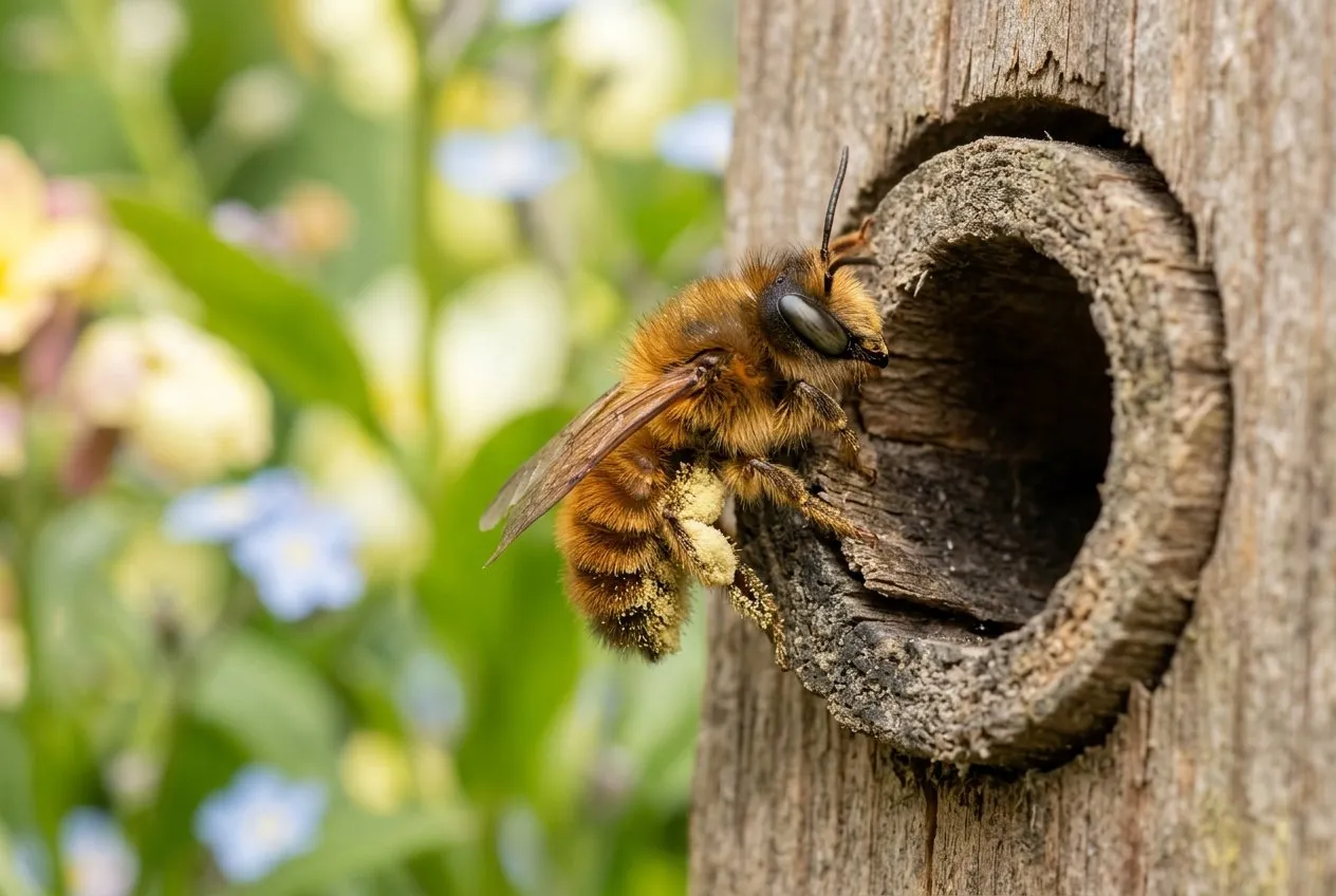 A red mason bee close-up at the entrance of a wooden bee house tube in a UK suburban garden, ginger-brown body and pollen on the underside, late April morning