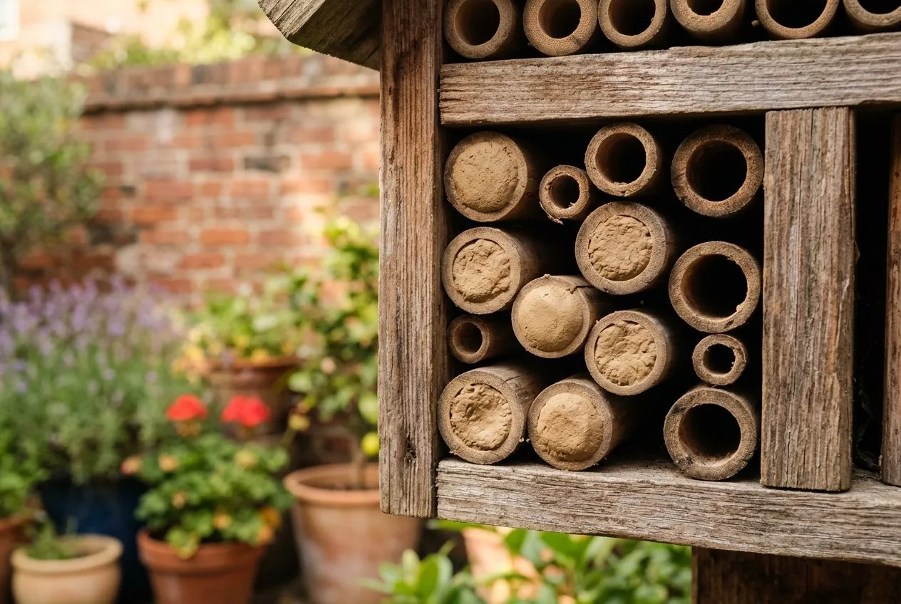 Close-up of sealed bee house tubes capped with dried mud, marking completed mason bee nests, on a wooden bee house in a UK city courtyard garden in June