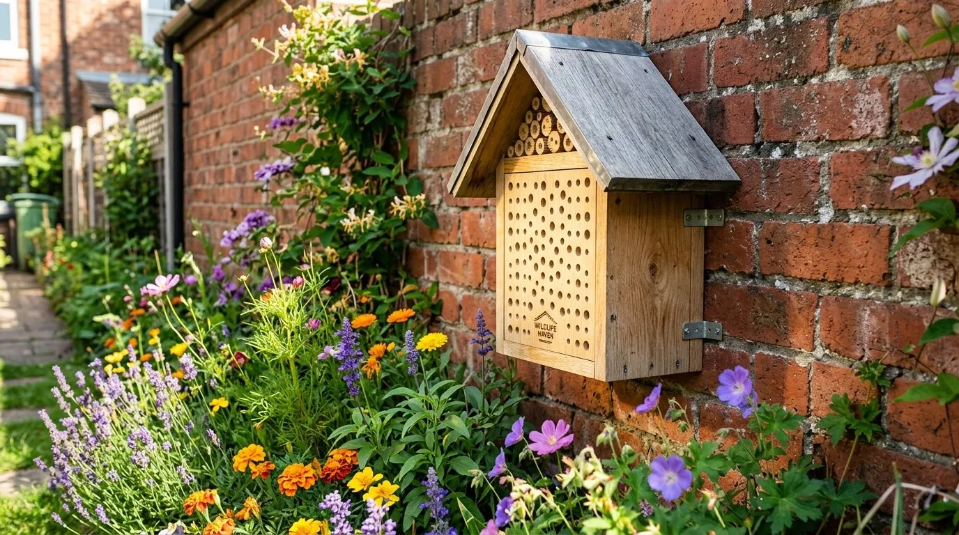 A finished wooden bee house fixed firmly to a south-facing brick wall at about 1.2 metres in a UK terraced garden, sloping roof, full morning sunlight on the tube face