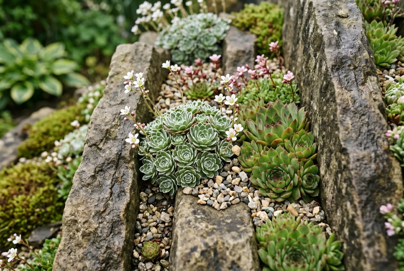 Cushion alpines flowering pink and white in narrow slots between angled stone slabs in a crevice garden