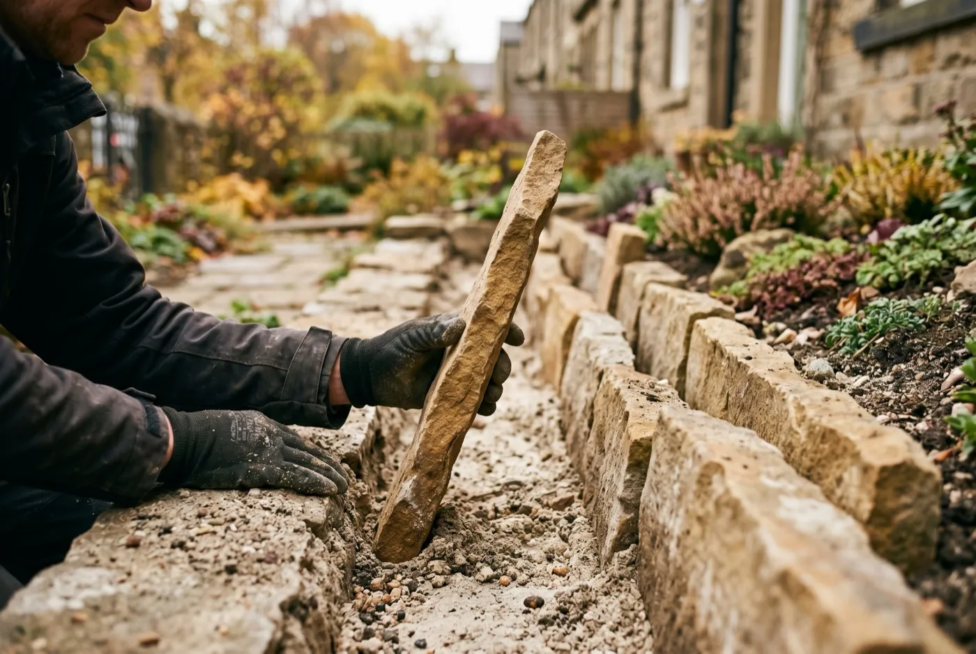 Gloved hands setting a sandstone strip on edge into gritty soil at a steep angle during a crevice garden build