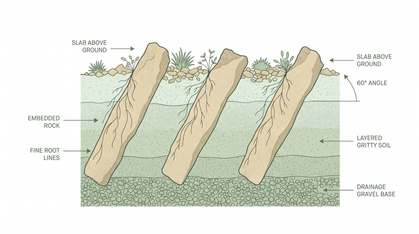 Cross-section diagram of a crevice garden showing buried slab depth, slab angle and deep root run between stones