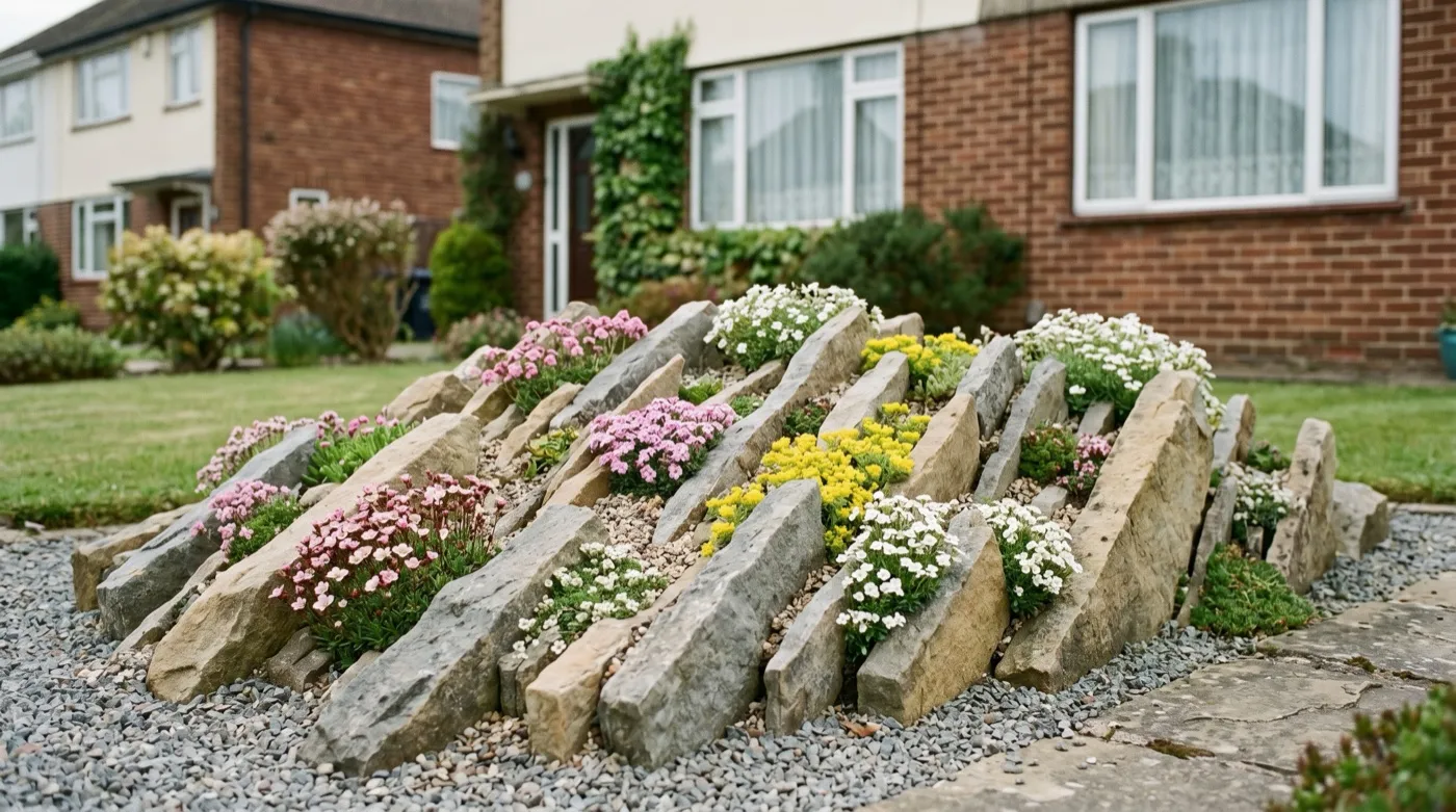 Finished crevice garden with flowering alpines between angled stone slabs in a UK front garden
