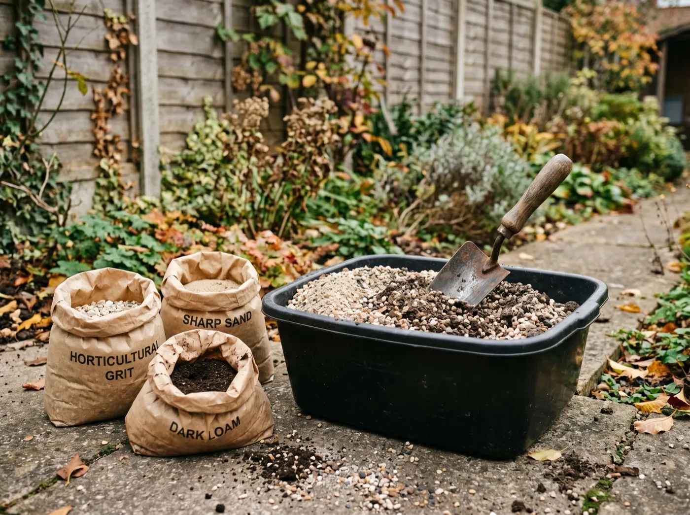 Trug of gritty alpine planting mix beside bags of horticultural grit, sharp sand and loam in a UK garden