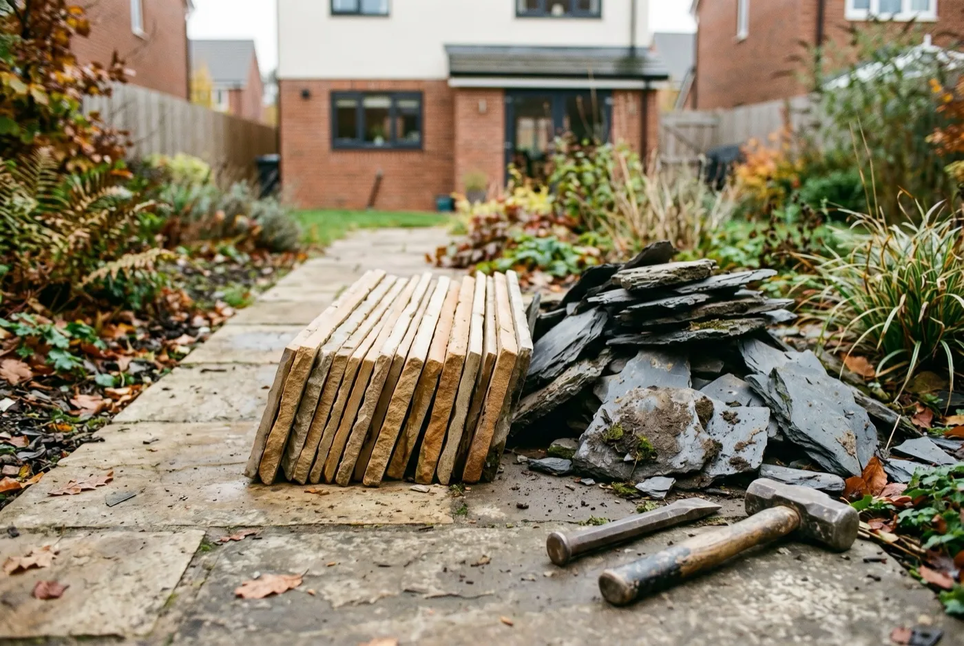 Stacked reclaimed sandstone paving strips and slate offcuts ready for building a crevice garden
