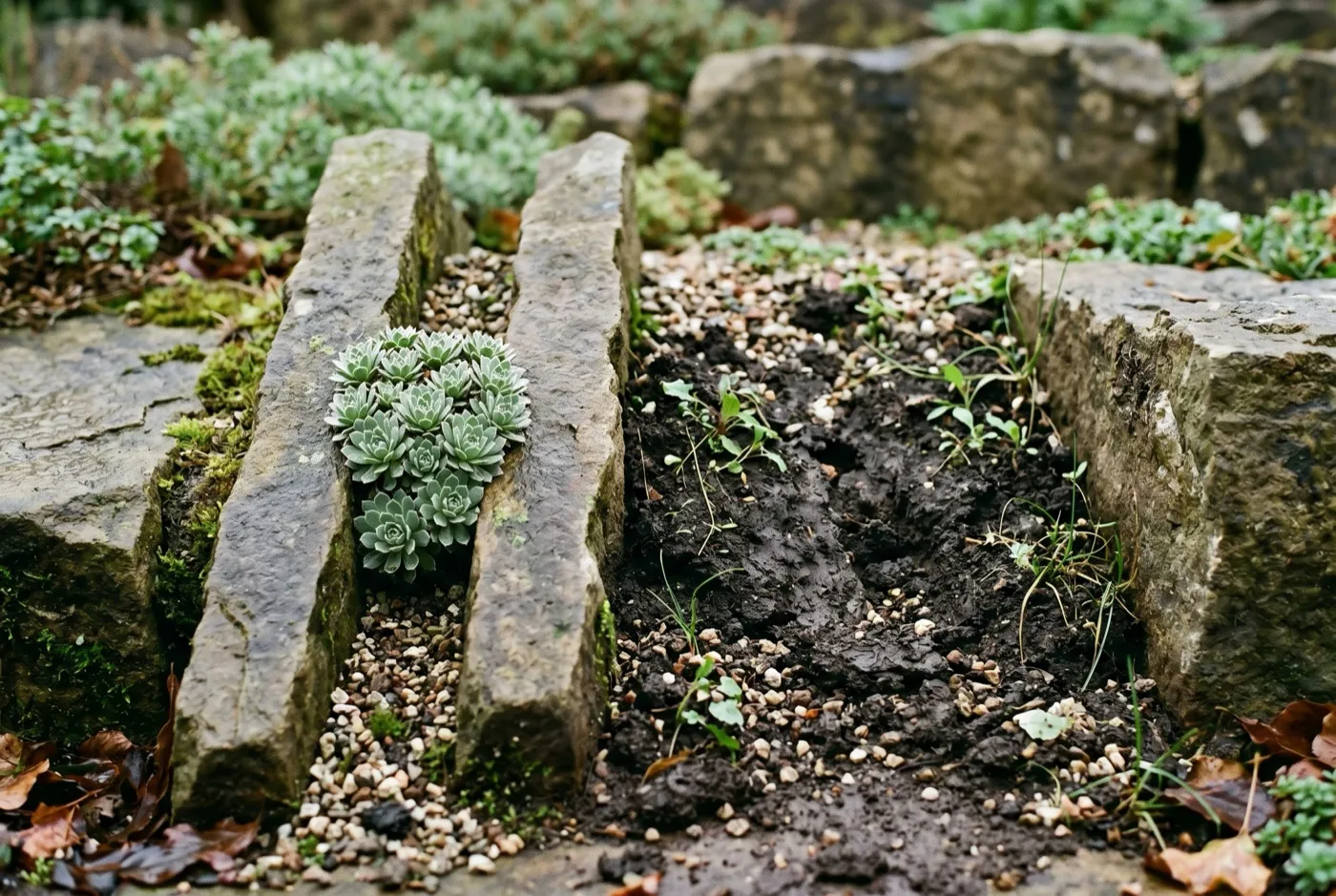 Close comparison of a correct 3cm planting slot beside an over-wide 8cm gap with slumped soil in a crevice bed