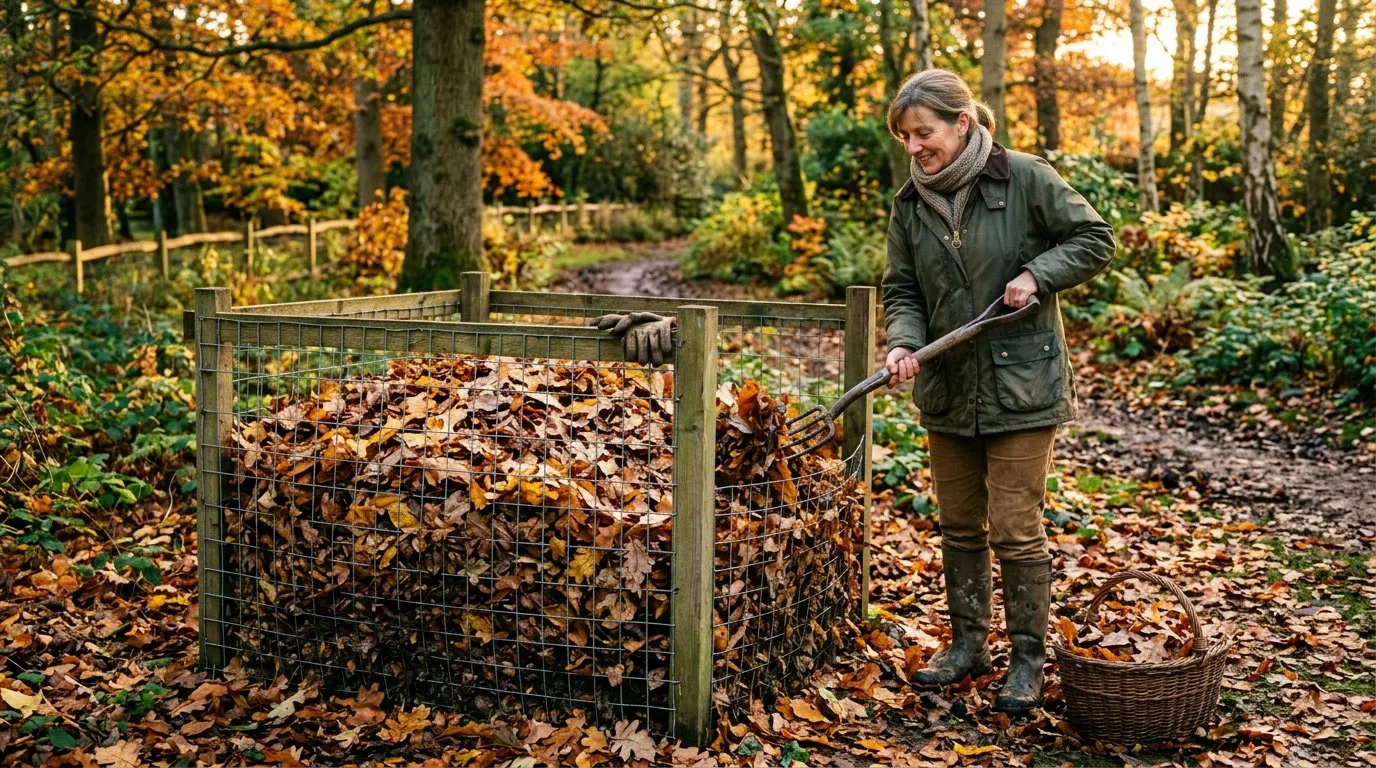 Wire mesh leaf mould bin filled with autumn leaves in a British woodland garden