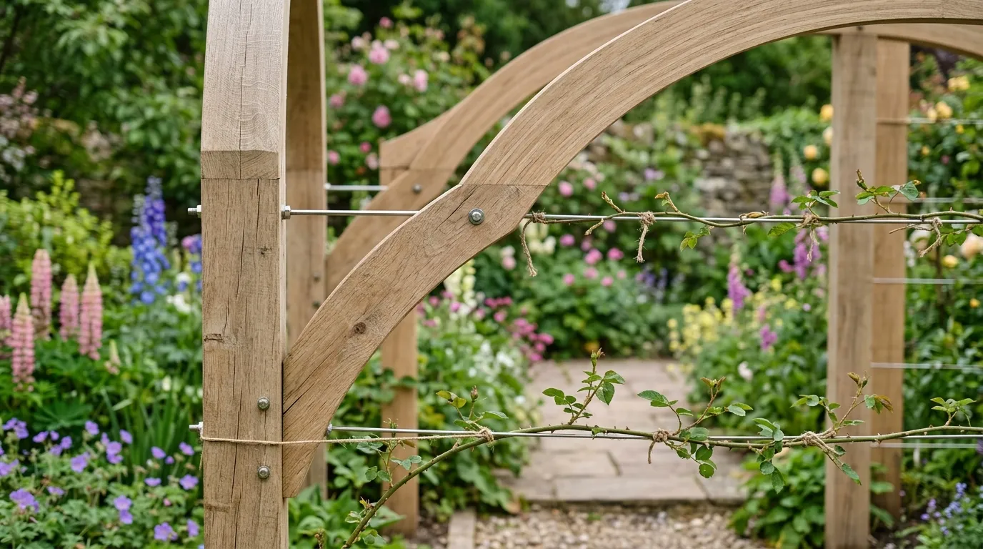 Editorial photograph of a finished wooden rose arch viewed from the side showing the side-beam construction, arched top pieces and stainless steel training wires