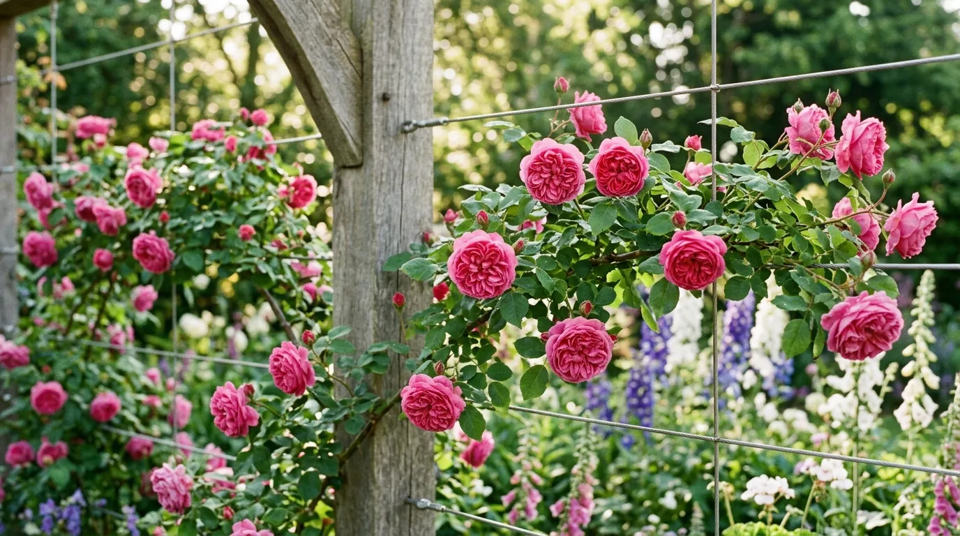 Editorial photograph of David Austin Gertrude Jekyll climbing rose in full deep pink June bloom with canes trained horizontally on stainless steel wires across a wooden arch upright