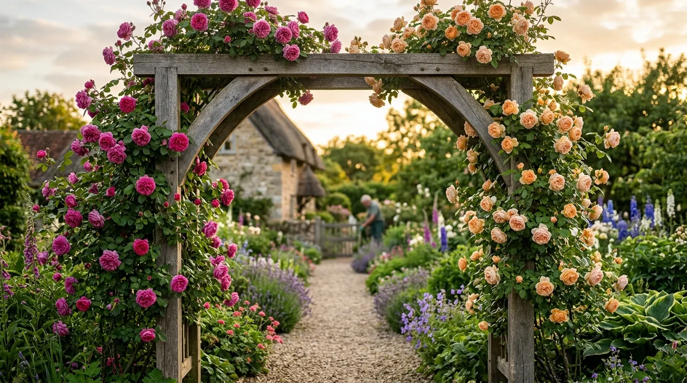 A finished free-standing oak rose arch 2.2m tall x 1.2m wide draped with two David Austin climbing roses in full June flower in a UK cottage garden