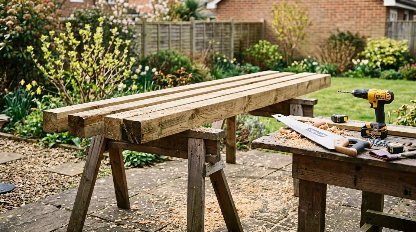 Editorial photograph of four squared 2.8m fence posts on saw-horses in a UK back garden, sawdust on the patio, a hand saw and a cordless drill on the bench beside them in spring