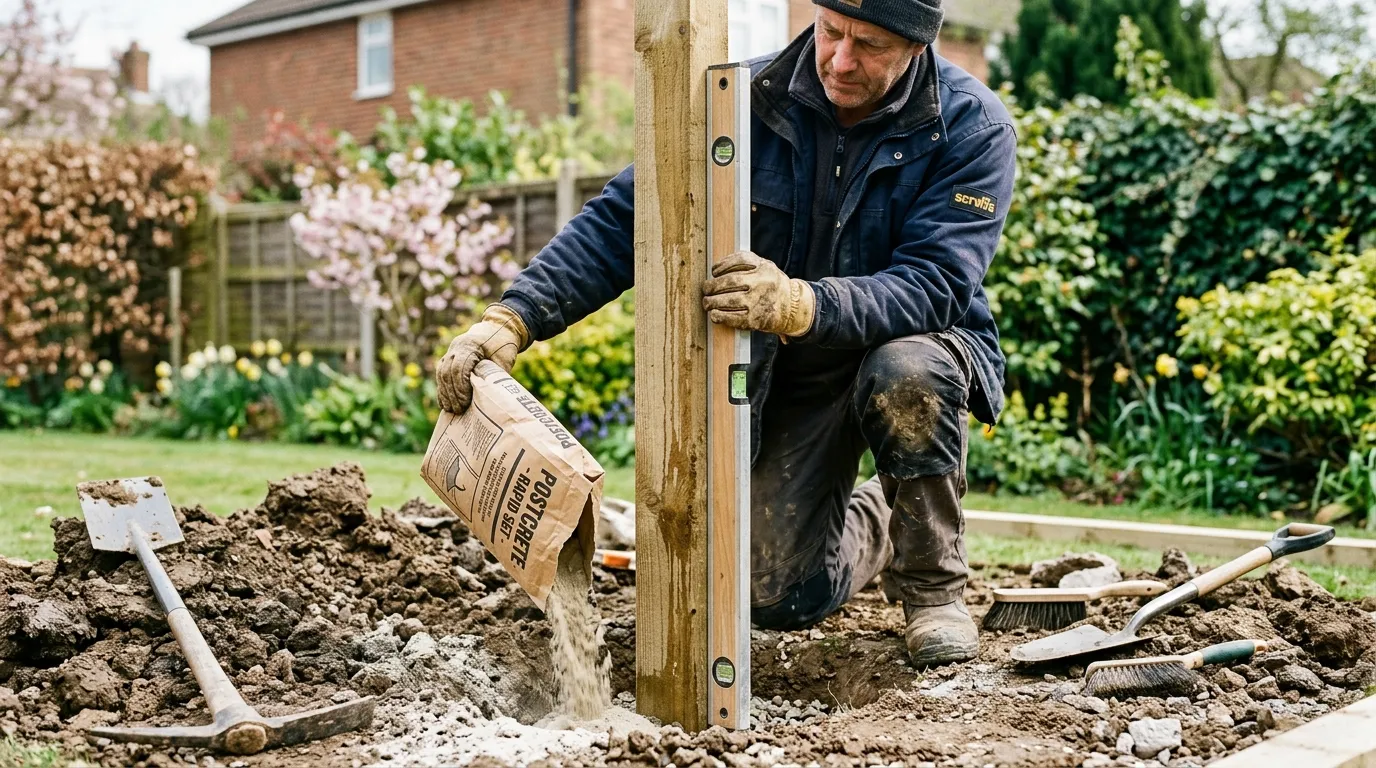 Editorial photograph of a UK gardener using a spirit level to check that a freshly set 100mm square fence post is vertical, with Postcrete pouring into the hole around the post base, in a back garden in spring