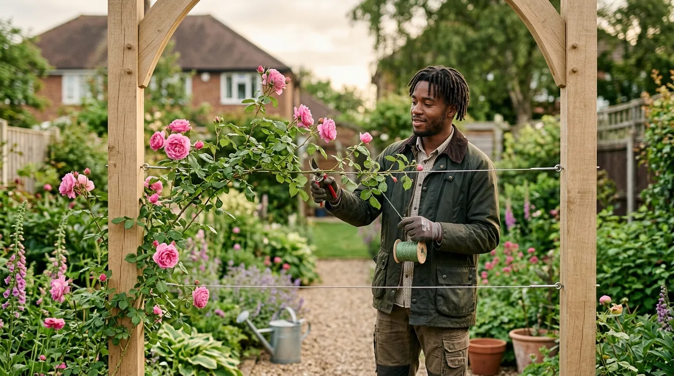 Editorial photograph of a black British gardener training the canes of a young Gertrude Jekyll climbing rose horizontally to a stainless steel wire on a freshly built wooden arch in late spring, secateurs in hand