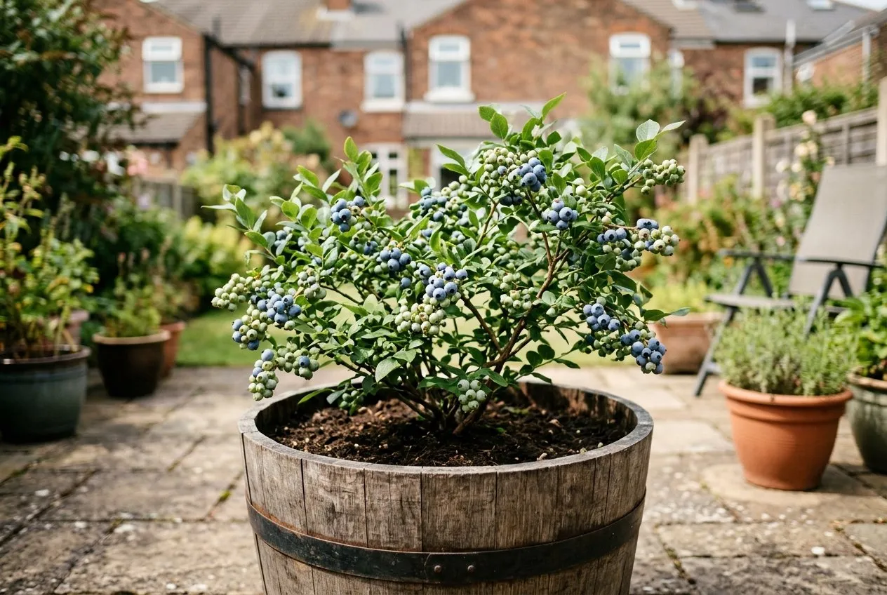 A wooden half-barrel planter holding a cropping blueberry bush on a small suburban patio in summer