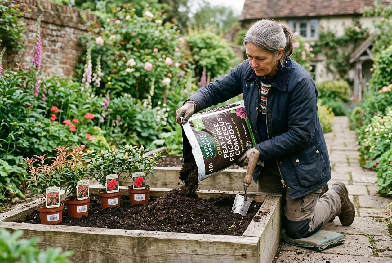 A gardener filling a raised bed with dark peat-free ericaceous compost beside young azalea and pieris plants in a cottage garden
