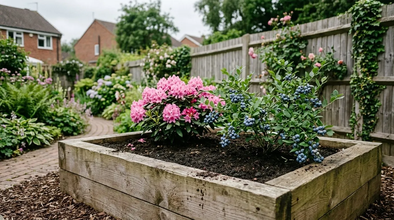 A raised bed of acid-loving plants in a UK garden with rhododendrons and a blueberry bush thriving in dark ericaceous soil