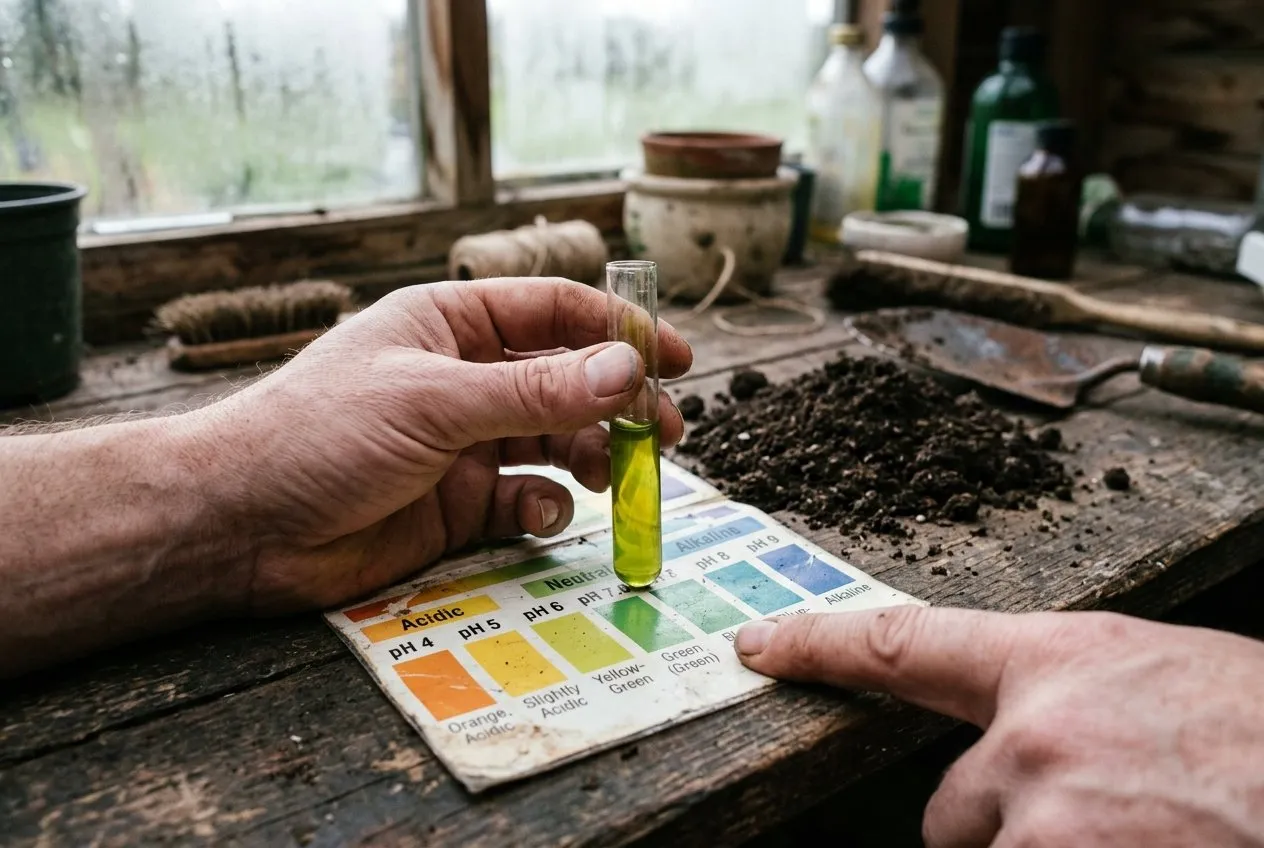 A UK gardener using a soil pH test kit with coloured tubes on a wooden potting bench, reading the result against a colour chart
