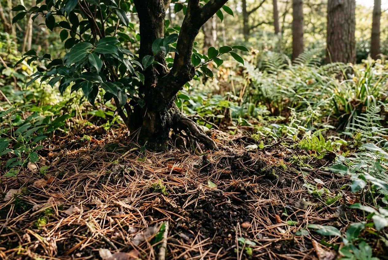 A mulch of pine needles and leaf mould spread around an acid-loving shrub in a woodland-edge garden border